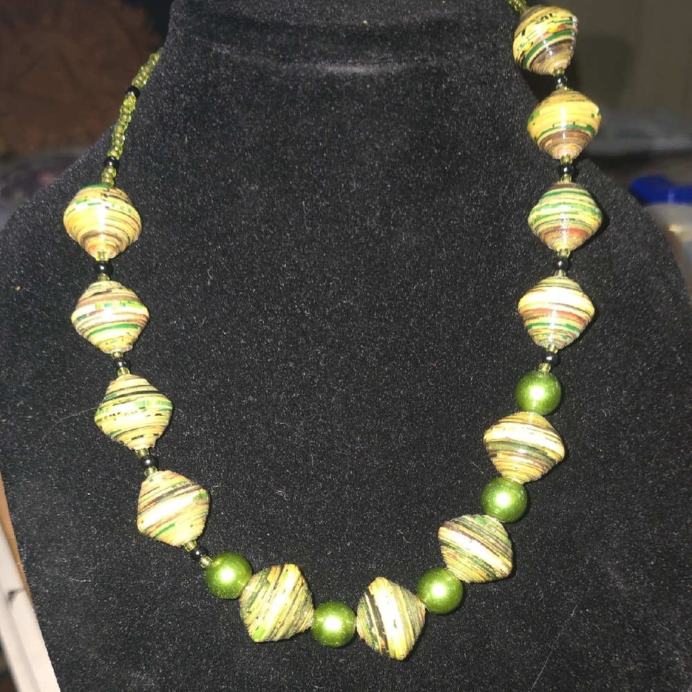 Handcrafted Green Bead Statement Necklace Earring Set - Women’s Fashion Jewelry